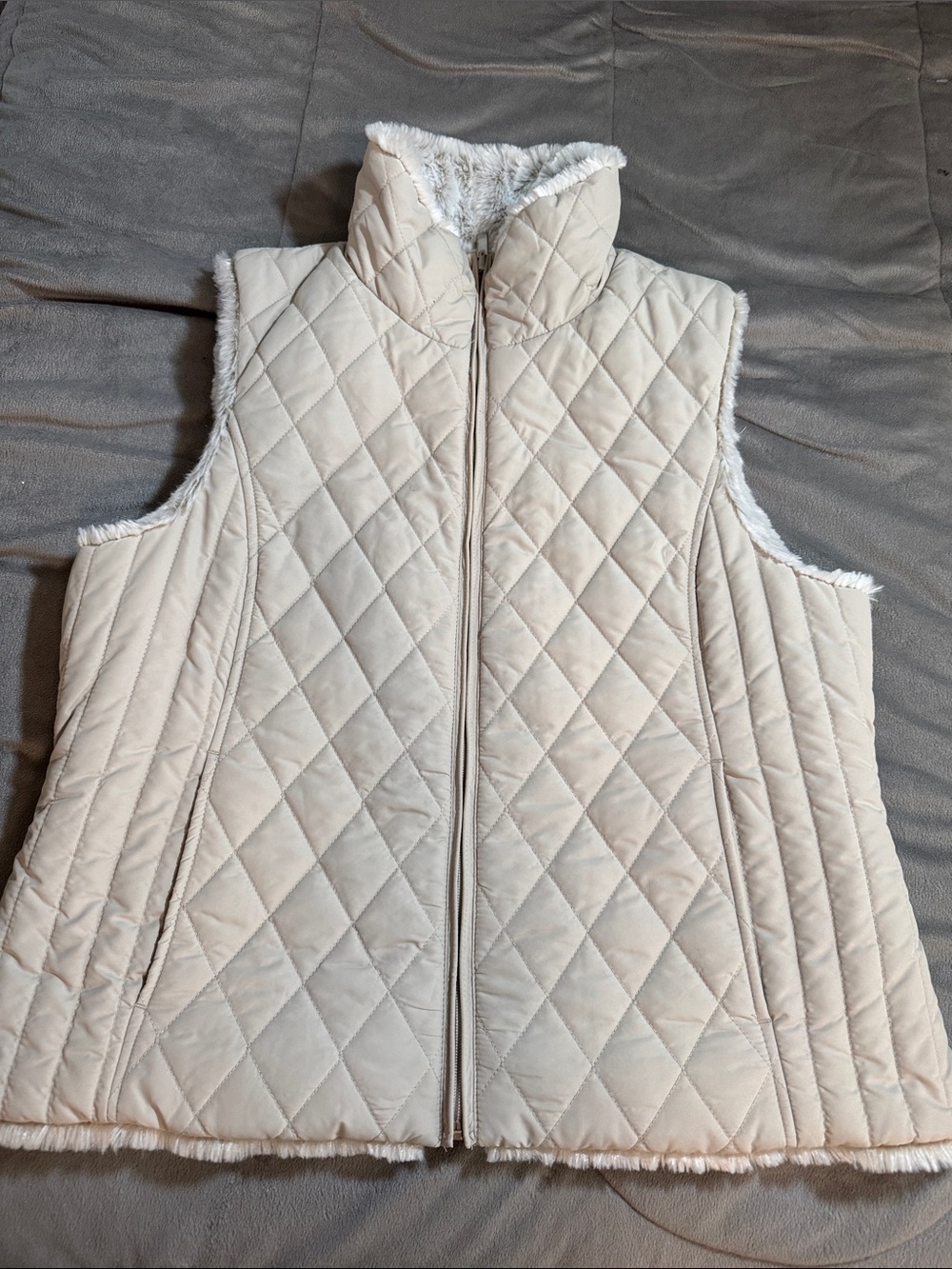 Weatherproof womens Quilted Sherpa-Lined interchangeable Vest - Cream Sz Lg
